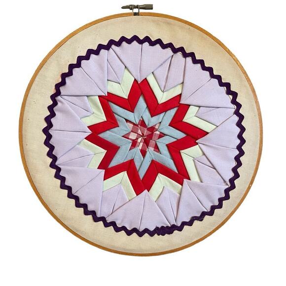 Vintage Quilted Folded Star Embroidery Hoop Wall Hanging Handmade - Picture 1 of 4